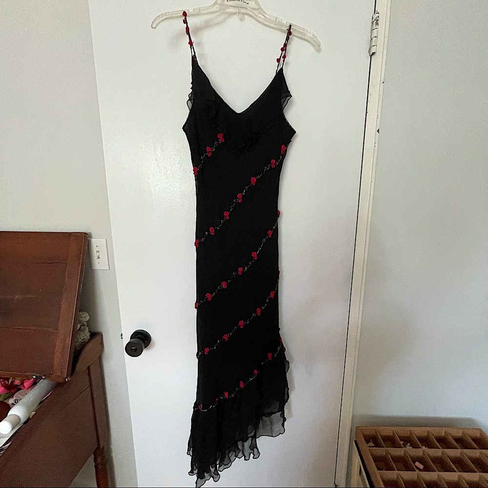 90s Vintage Black Silk Chiffon Beaded Rose Dress